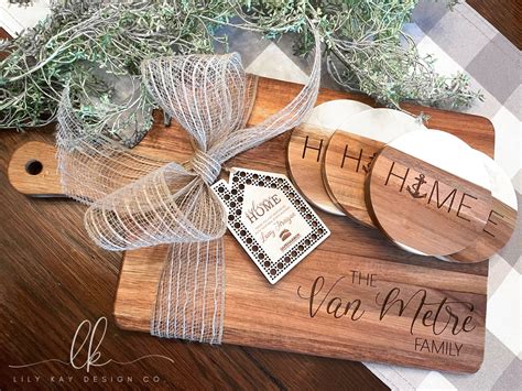 Personalized Closing Gift Set Engraved Serving Board Housewarming Gift Basket Wood Drink ...