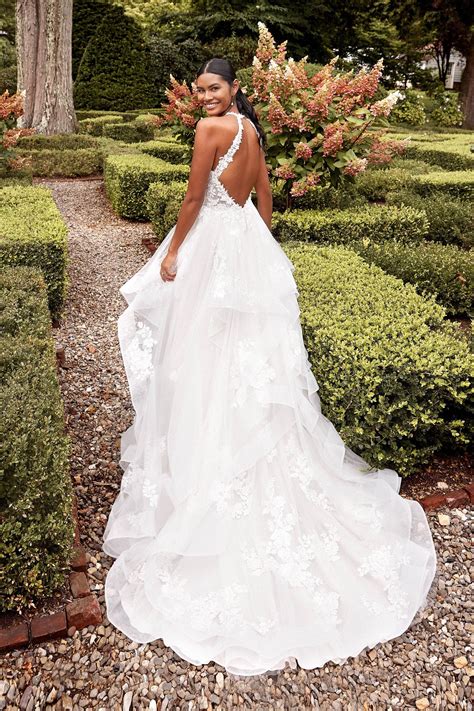 44287: Jewel Neckline Ruffle Skirt Ball Gown with Low Cut Keyhole Back