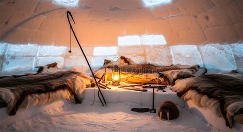 cozy igloo interior  fur rugs  lantern stock illustration