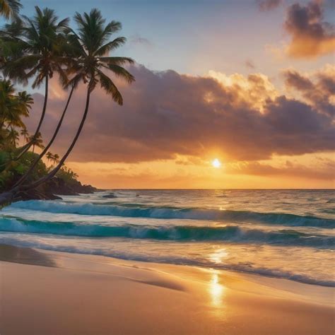 premium photo beautiful sunset   tropical beach  palm trees