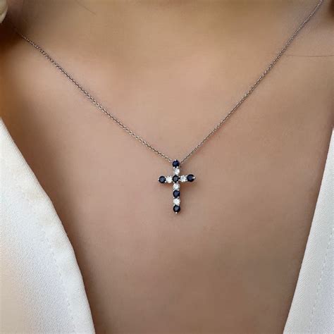 Genuine Sapphire and Diamond Cross Pendant / 14k Solid Gold - Etsy