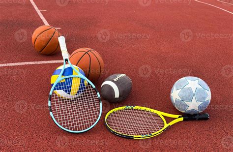 sport games equipment balls rackets  court  stock photo