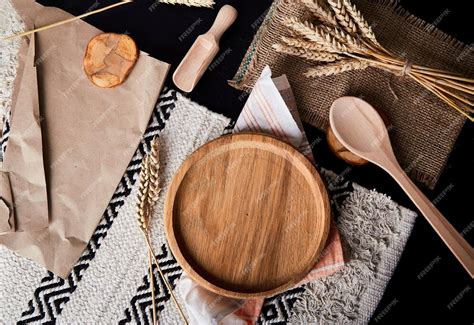 premium photo wooden plate tray layout kitchen cutlery flat lay