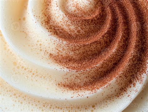 Close up of a frothy coffee drink with cocoa powder swirls 53180838