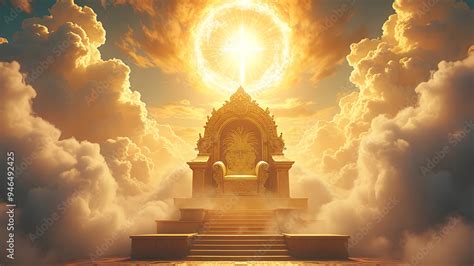 Majestic golden throne of god in heaven in the sky surrounded white clouds and divine sunlight ...