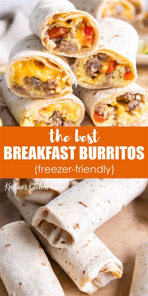 Made with sausage, eggs, cheese and veggies, these breakfast burritos