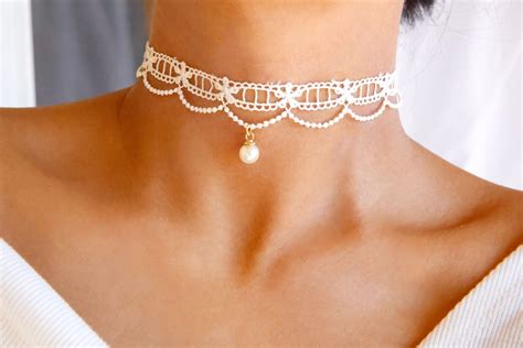 White Lace Pearl Charm Choker, Bridal Wedding Necklace, Bridesmaid
