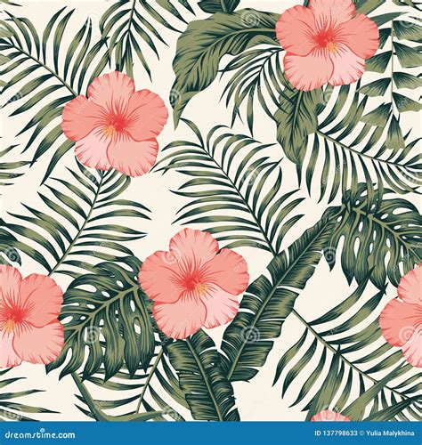 Tropical Leaves and Hibiscus Abstract Colors Seamless White Background
