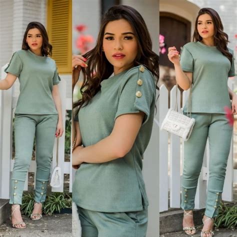 Modelos De Conjunto Calça E Blusa - Conjunto Feminino De Calça E Blusa De Mulher Super Elegante Jacquard ...
