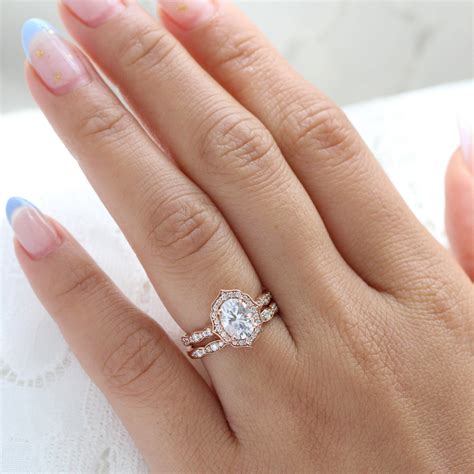 Oval Moissanite Bridal Ring Set in Rose Gold Floral Diamond Band | La