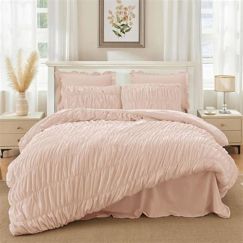 Amazon.com: CAPALOCA Pink Comforter Set Queen - Boho Fluffy Ruched