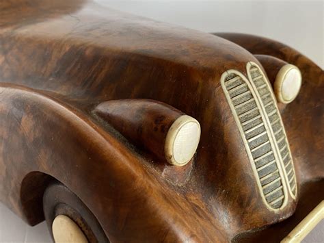 Large Hand Carved Rolls Royce Delahaye Burlwood, Ebony Car w/ Hidden