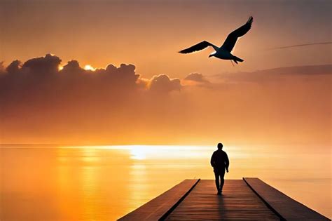 Premium AI Image | a man walks on a pier with a bird flying over him.