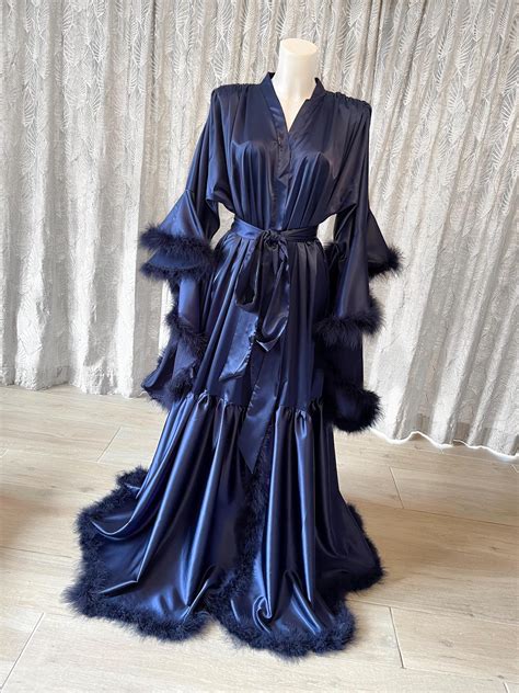 midnight navy blue satin robe feather trim vintage hollywood style etsy