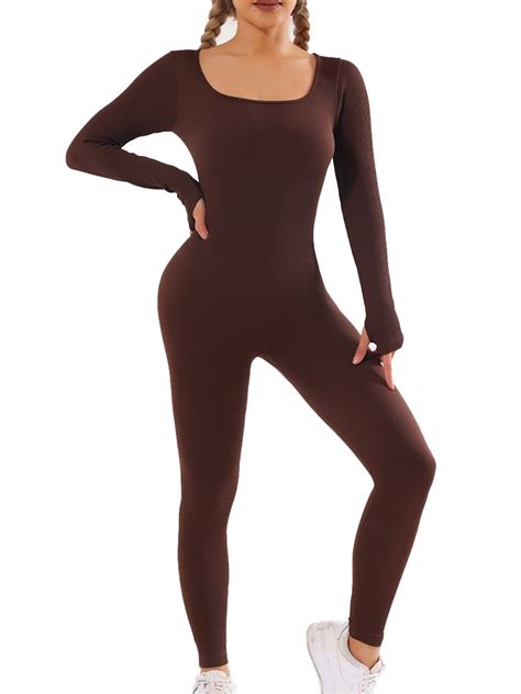 COOPLUS Womens Workout Jumpsuits Long Sleeve Bodysuits Ribbed One-piece