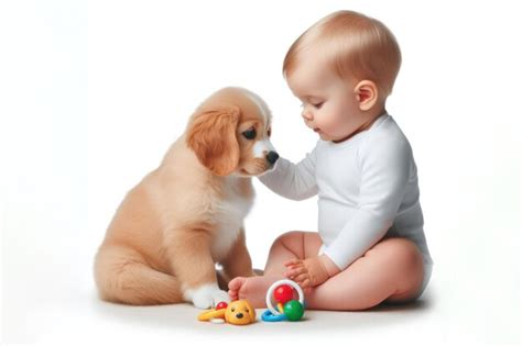 Premium Photo | Baby playing with a dog isolated on a white background