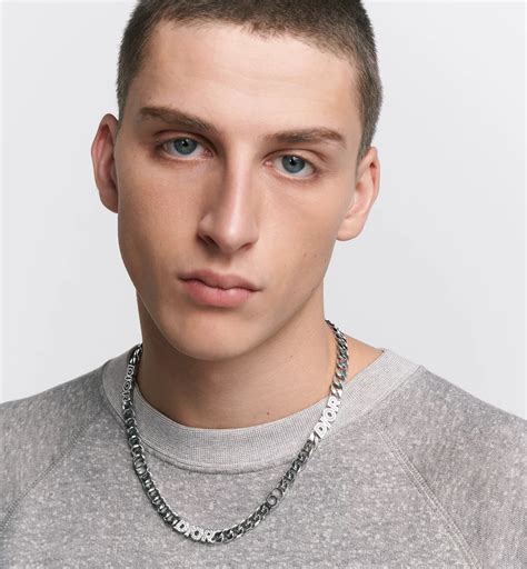 Dior Italic Chain Link Necklace Silver-Finish Brass with White Crystals