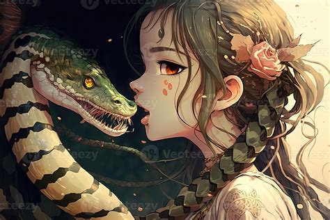 Beautiful girl kissing a snake, manga style Anime character