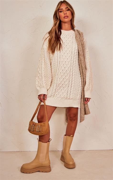 cream chunky cable knit jumper dress knitwear prettylittlething qa