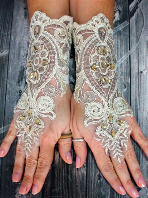 Bridal Gloves Gold Champagne Bead Embroidered Fingerless Lace Gold