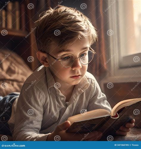 Curious Young Boy Wearing Glasses Reading a Book in Library Stock