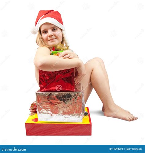 Woman Sitting in Nude with Christmas Gifts Stock Photo - Image of