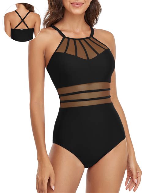 RELLECIGA Women's Criss-Cross Back High Neck Splicing Mesh One Piece
