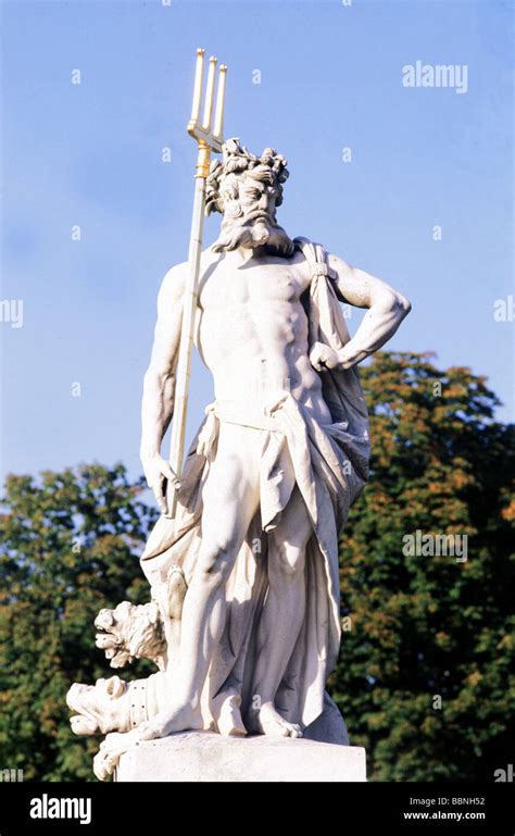 Poseidon, Greek god of the sea, full length, statue in park of ...