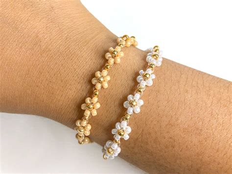 Daisy Beaded Bracelets Gold Pearl Tiktok Cute Elevated - Etsy