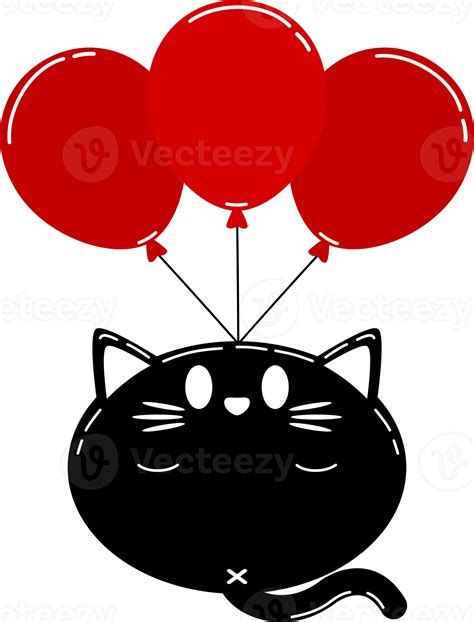 Cute fat black cat with red balloon flying cartoon character 27388348 PNG