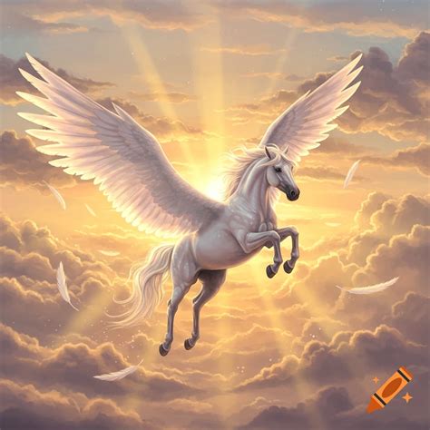 White Pegasus flying gracefully through golden clouds at sunset, with ...