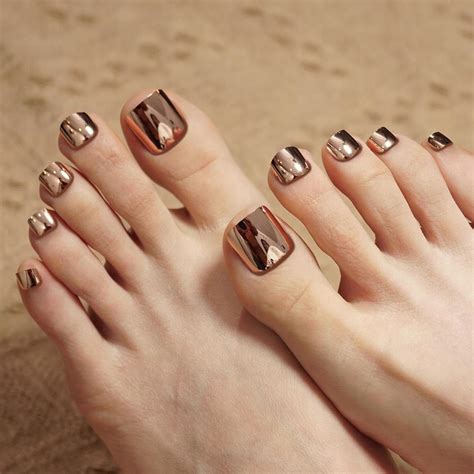 Chrome Press on Toenails Short Square Fake Toenails Golden Toenails