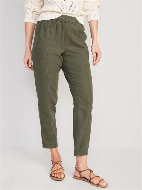 high waisted cropped linen blend tapered pants  women  navy
