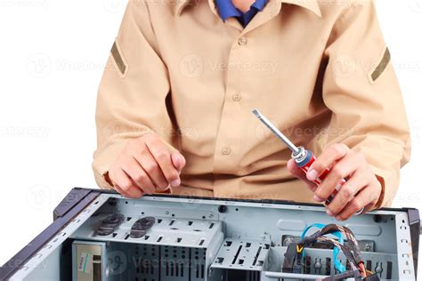 Technical specialists are repairing computers, electronic devices