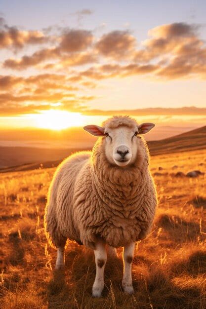 Premium AI Image | a sheep standing in a field at sunset