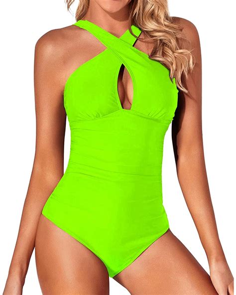 Tempt Me Women Neon Green One Piece Swimsuits Front Cross Keyhole Tummy