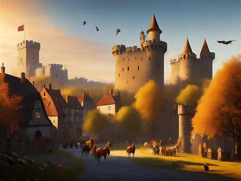 Scenery of A Castle with Birds Flocking Around and Merchants with