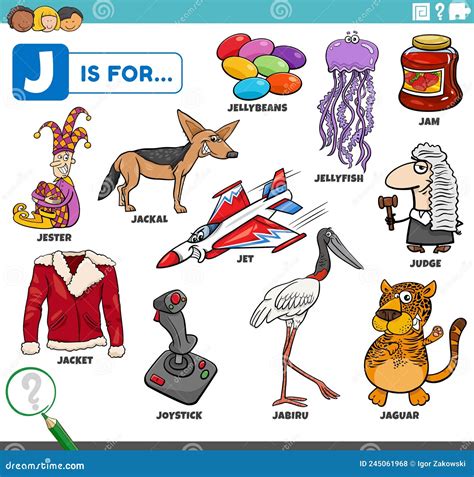 Letter J Woorden Educatieve Set Met Tekenfilmtekens Vector Illustratie