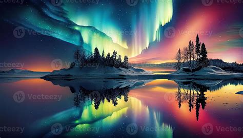 Night sky illuminates majestic winter landscape and mountains