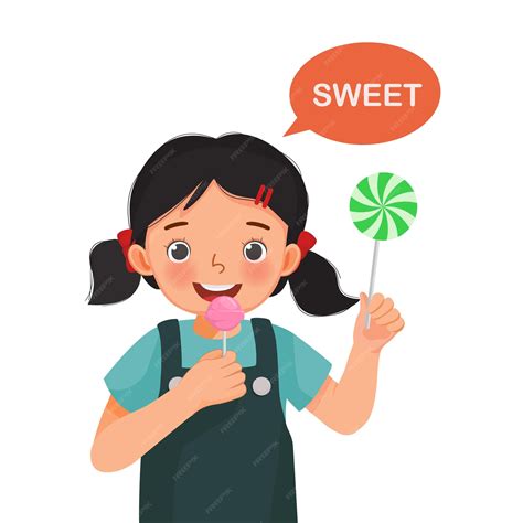 Premium Vector | Cute little girl holding lollipop candy showing sweet
