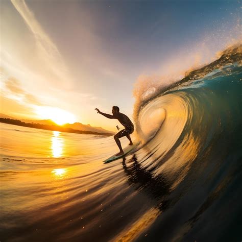 premium ai image  surfer rides  wave  sunset   sun setting