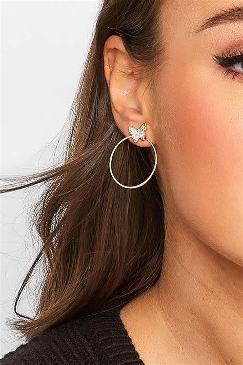 Gold Tone Diamante Butterfly Hoop Earrings | Yours Clothing