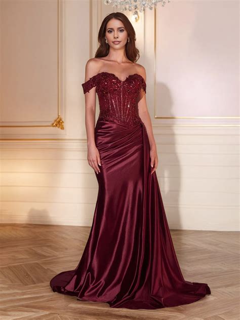 Cabernet Prom Dress Off The Shoulder Sweetheart Sequins Appliqued Trum