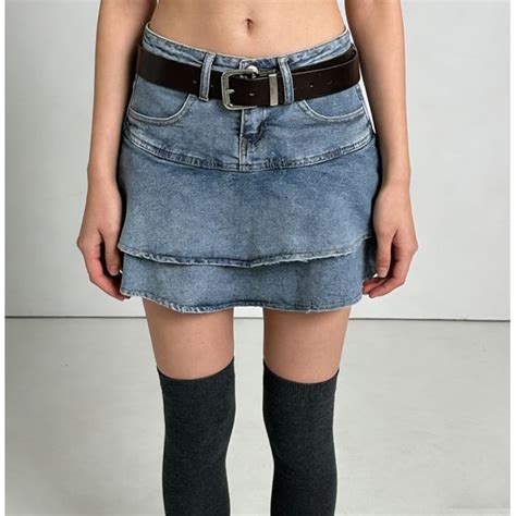 rosesand  rise washed layered ruffled hem mini   denim skirt
