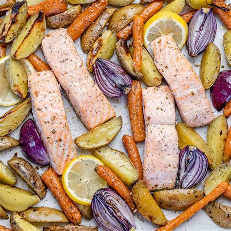 easy oven baked salmon potatoes  veggies healthy fitness meals