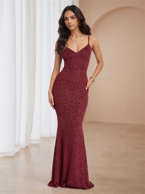 Sweep/Brush Train Glitter Burgundy Wedding Guest Dress with V-Neck