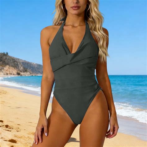 HOMBOM Womens Bathing Suit Tummy Control Swimwear Gray One Piece Halter