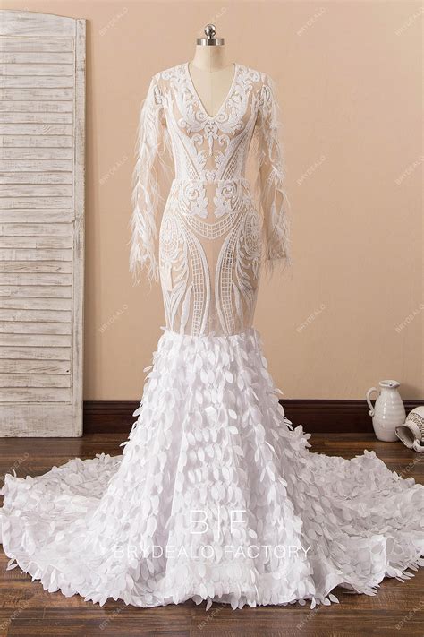 Feather Sleeved Sequin Mermaid Prom Dress with Leaf Train