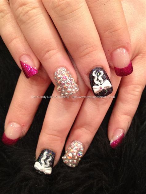 Black, pink and silver nail art with Swarovski crystals and 3D acrylic ...