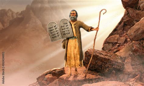 moses holding  commandments tablets coming  mount sinai stock
